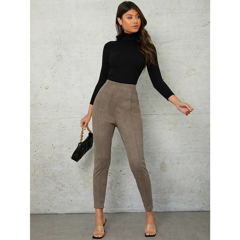 High Waisted Cropped skinny ankle Pants vegan suede beige tan